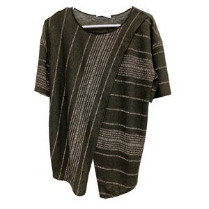 Zara Basic Womens Top Medium Green Striped Short Sleeve Asymmetric Coquette‎